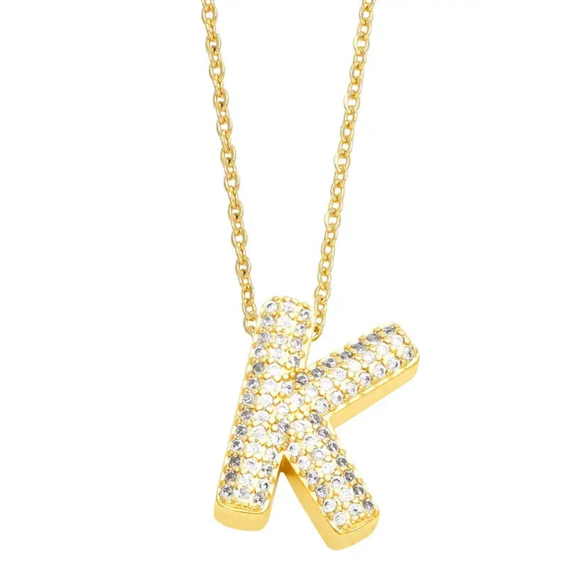 Gold Rhinestone Letter Initial Pendant Necklace: K