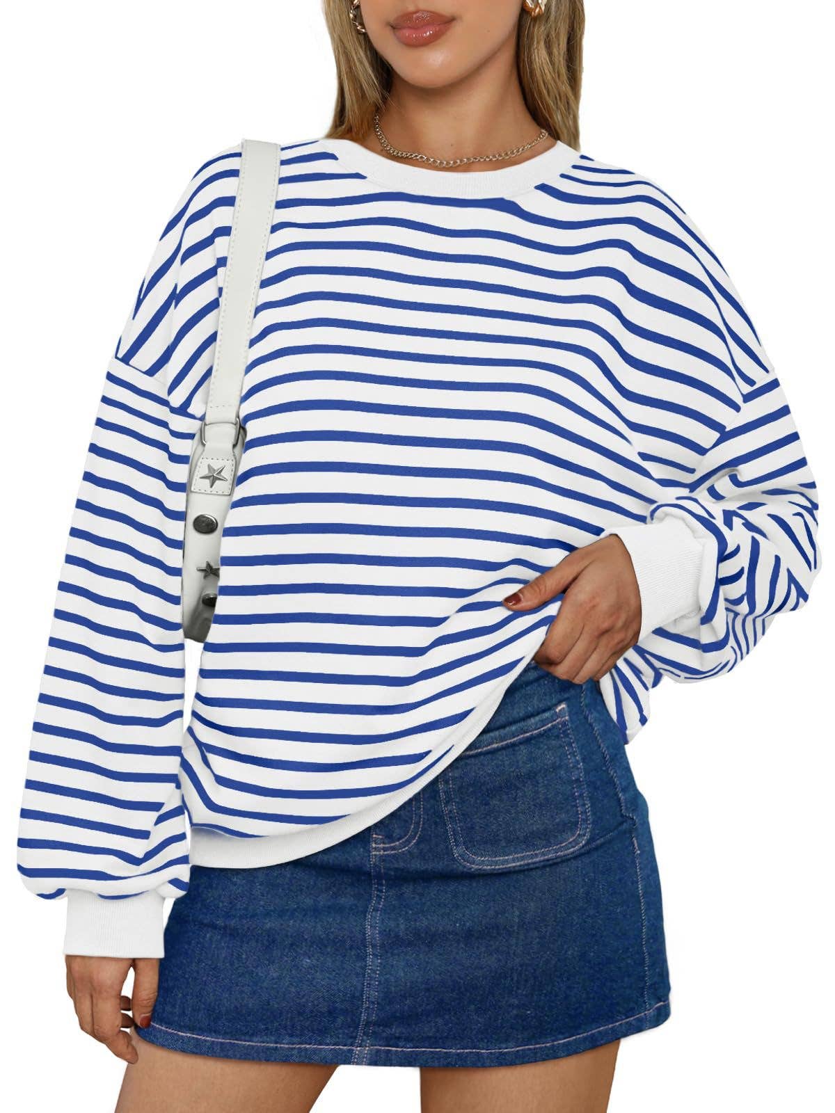 Striped Crewneck Thin Sweatshirt: Blue & White Stripe