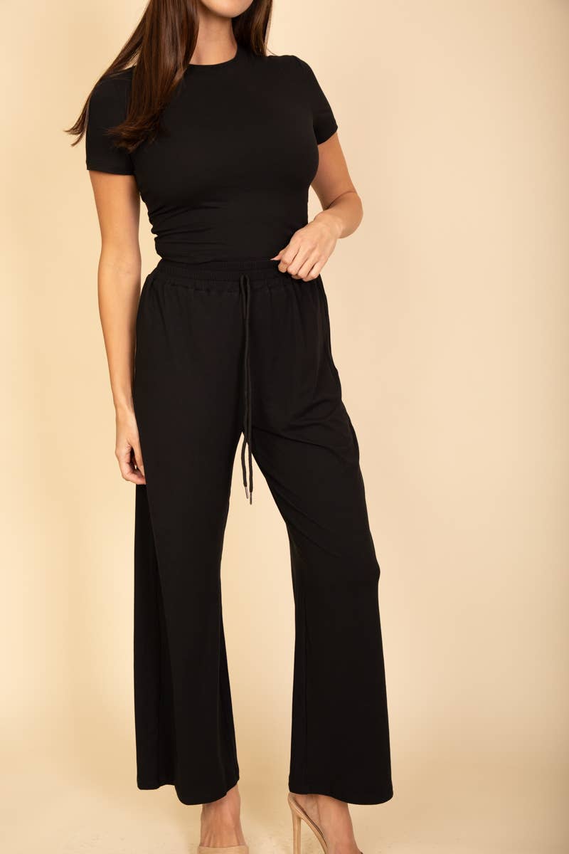 Relaxed Fit Top and Wide-Leg Pants Set: Black