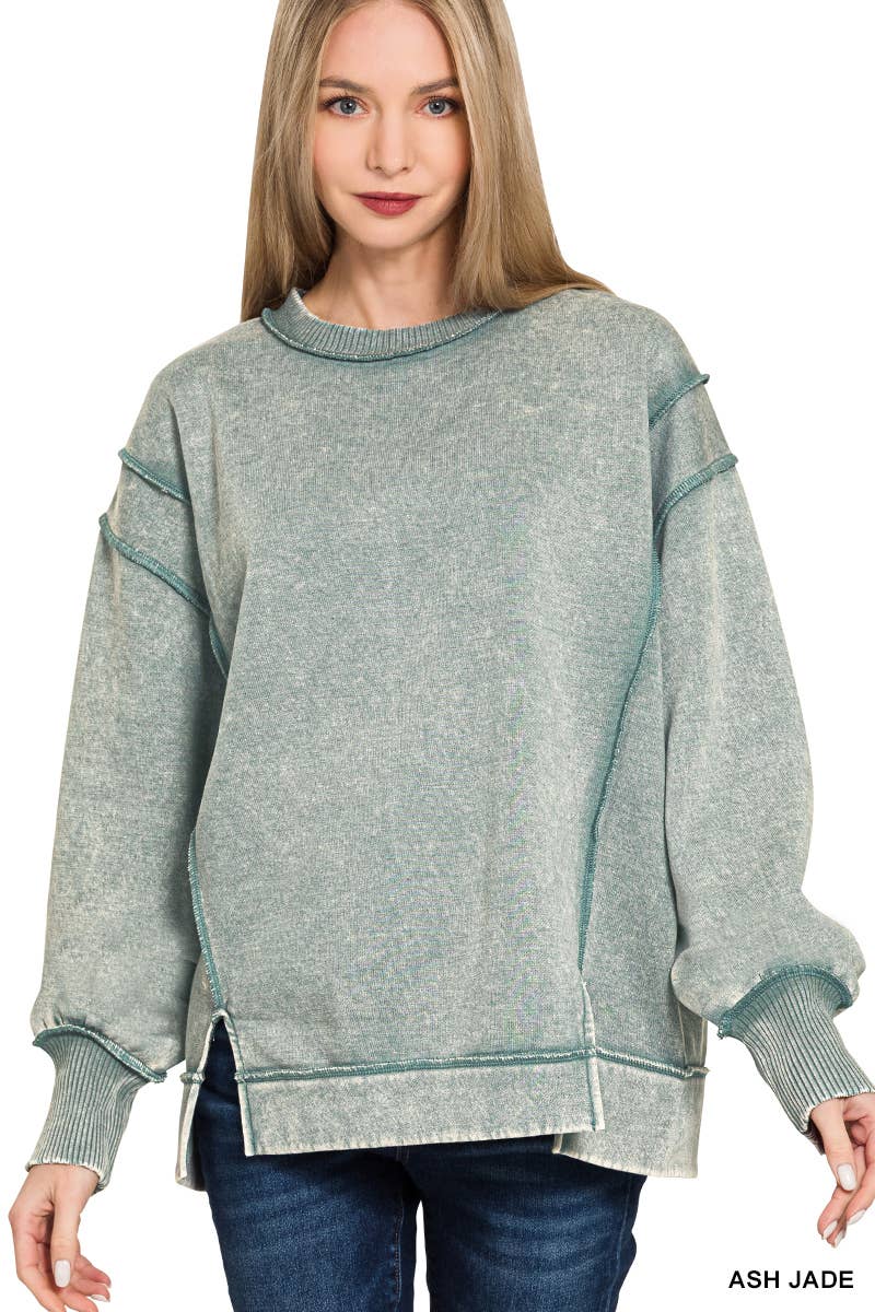 Acid Wash Exposed-seam Fleece Sweatshirt: BROWN
