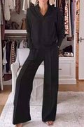 V-Neck Sweatshirt and Wide Leg Lounge Set: Black