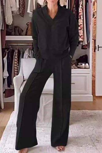 V-Neck Sweatshirt and Wide Leg Lounge Set: Black