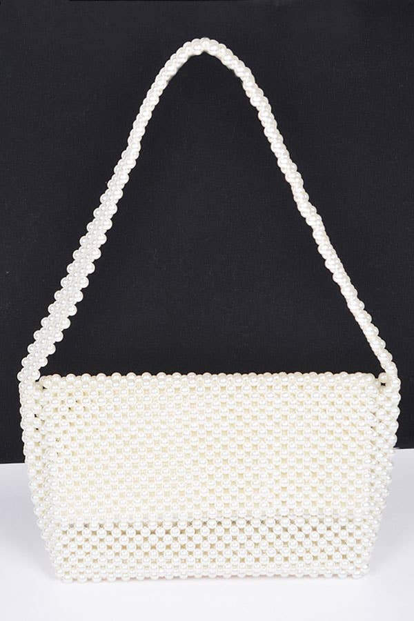 Faux Pearl Bead Flap Shoulder Bag: Cream