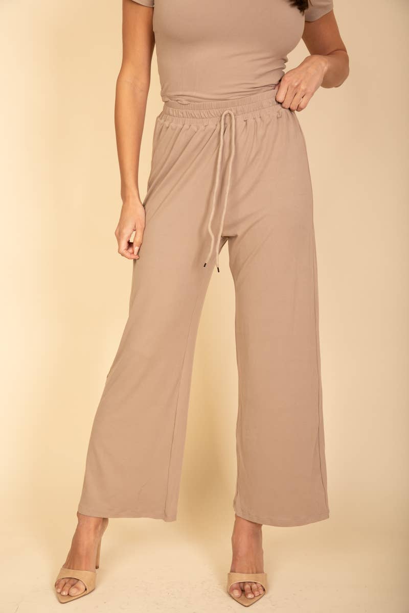 Relaxed Fit Top and Wide-Leg Pants Set: Taupe