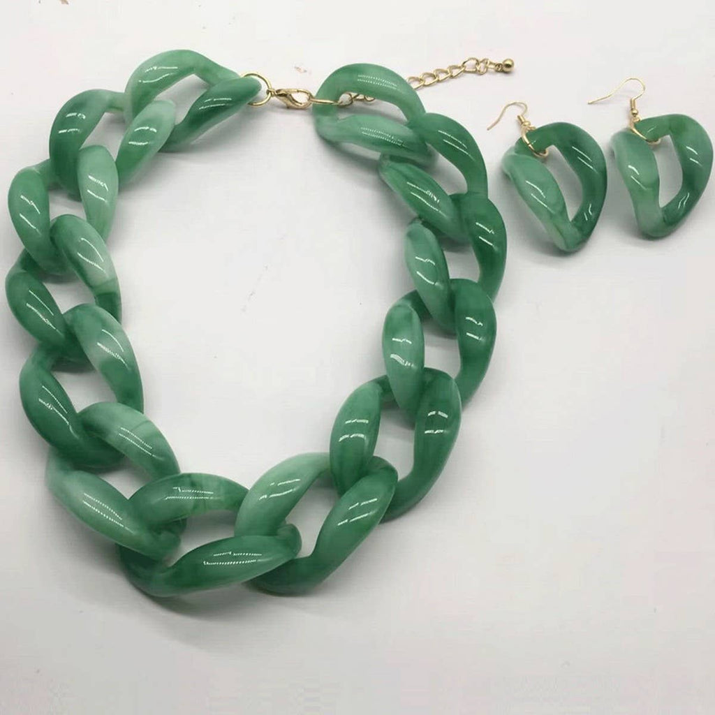 Chain Link Necklace & Earrings Set: Green
