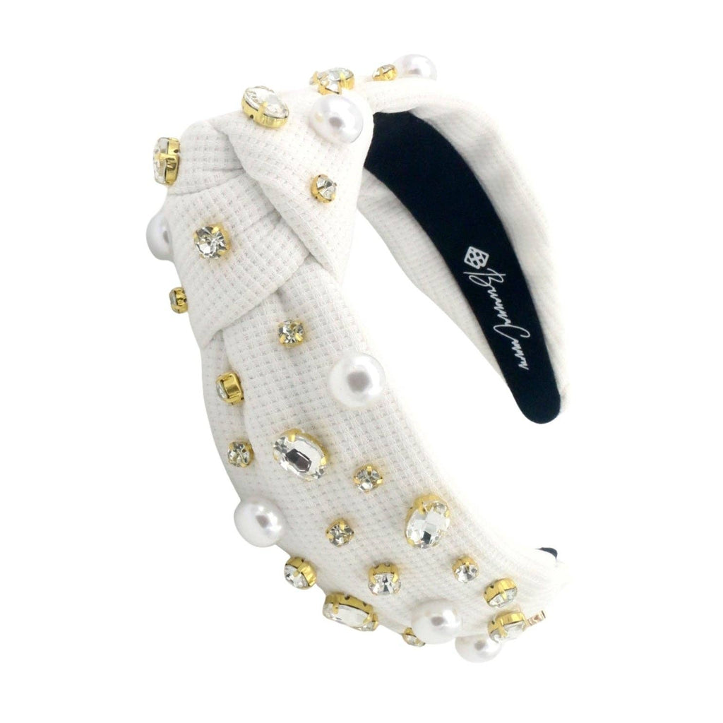 White Twill Headband with Large Pearls and Crystals
