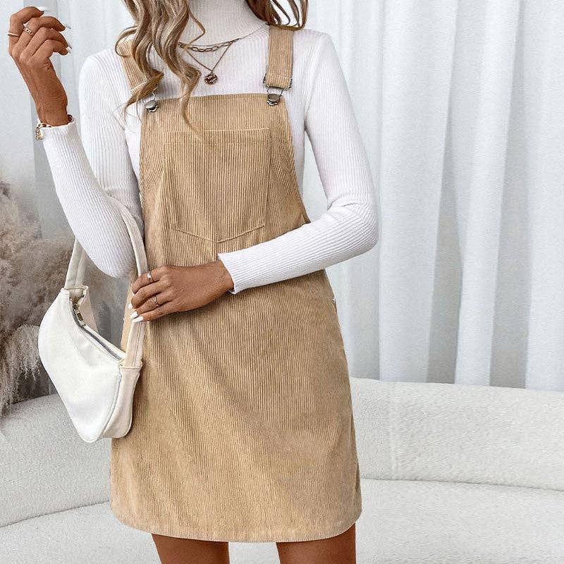 Corduroy Overall Dress with Pocket: Khaki