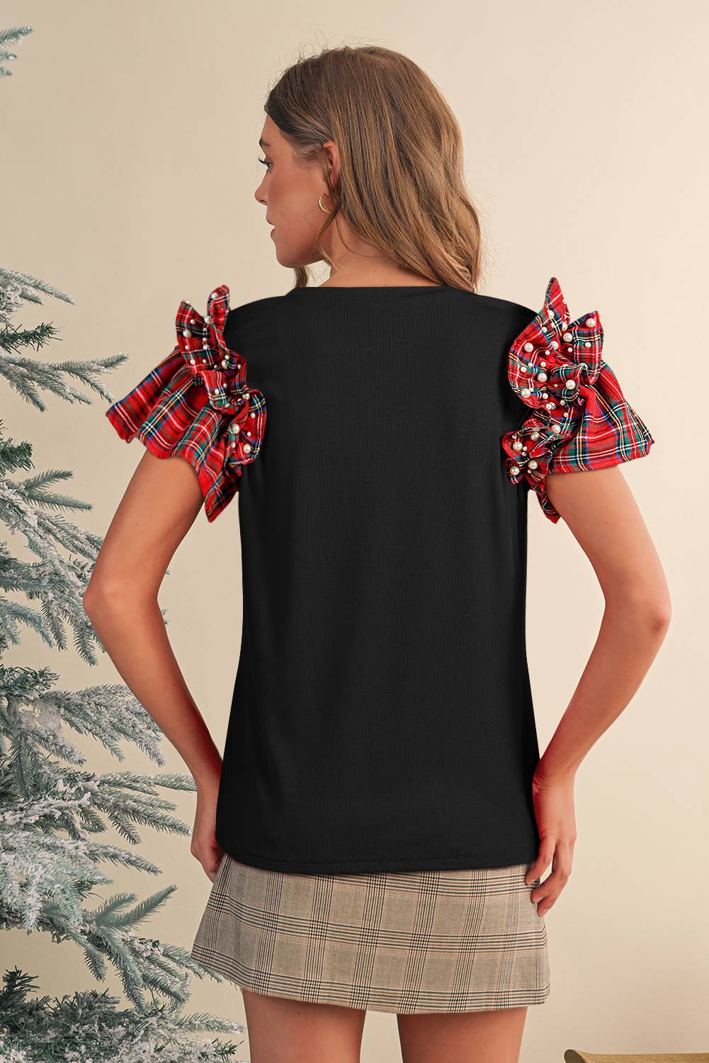 Red Plaid Pearl Ruffle Short Sleeve Christmas Blouse