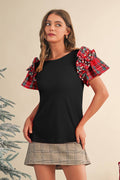 Red Plaid Pearl Ruffle Short Sleeve Christmas Blouse