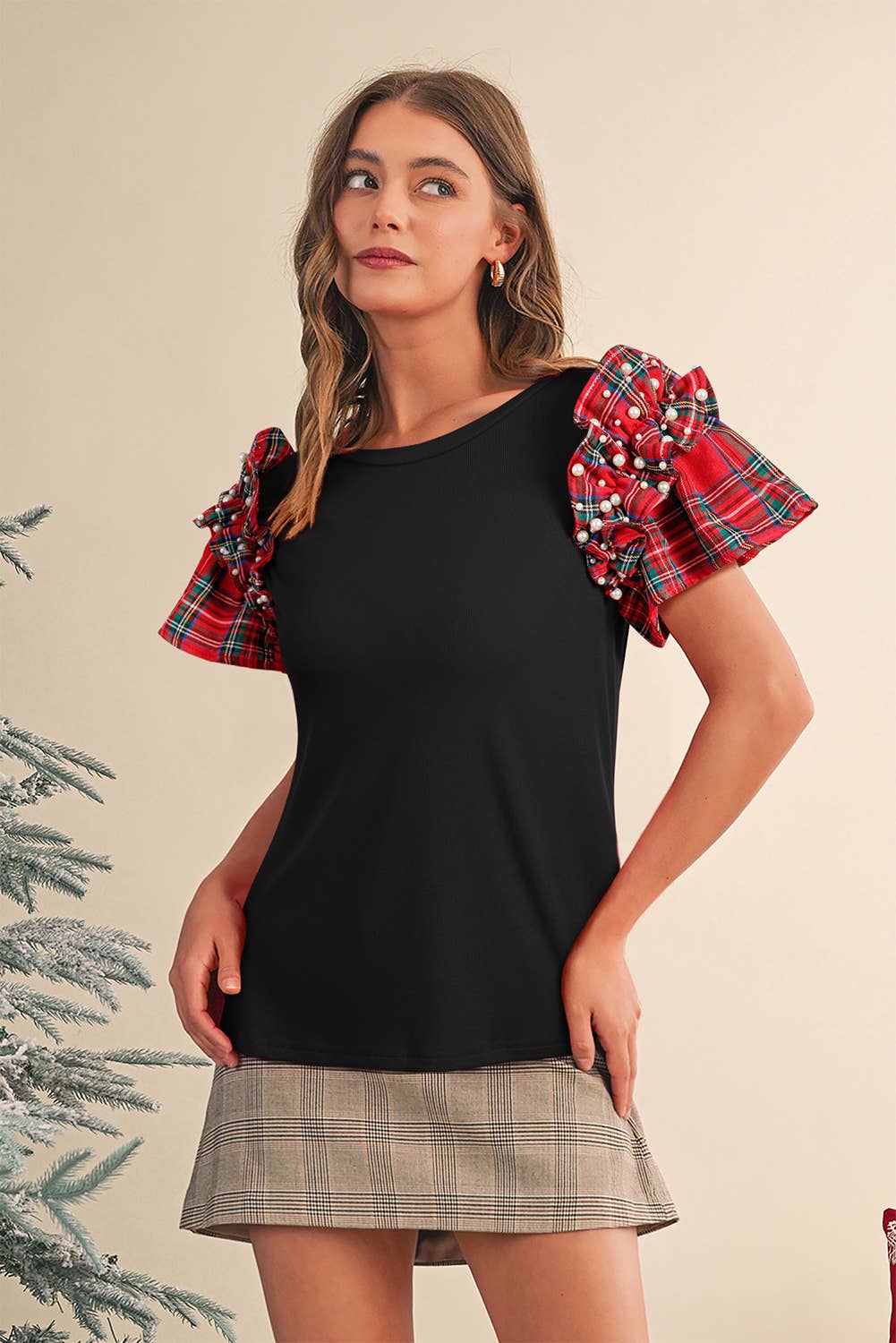 Red Plaid Pearl Ruffle Short Sleeve Christmas Blouse