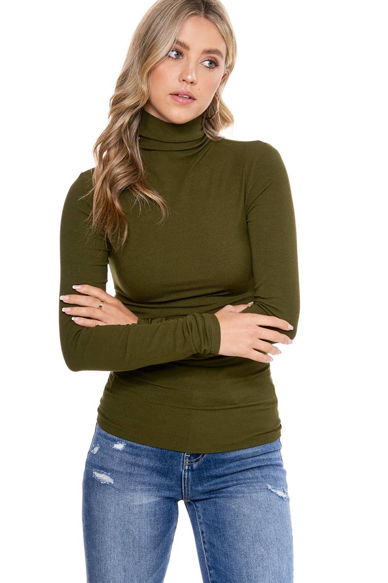 Ribbed Turtle Neck Top: Olive