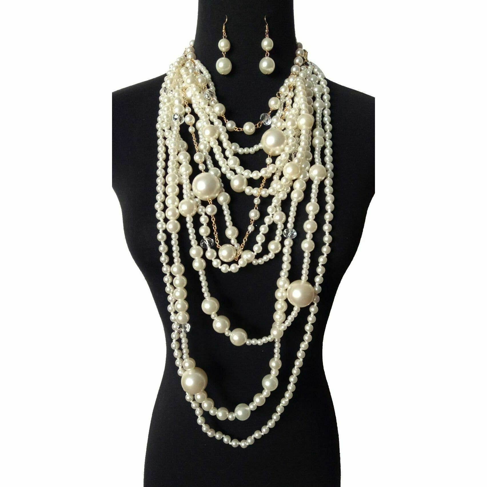 Chunky Multi-Layered Pearls Necklace Set: Ivory
