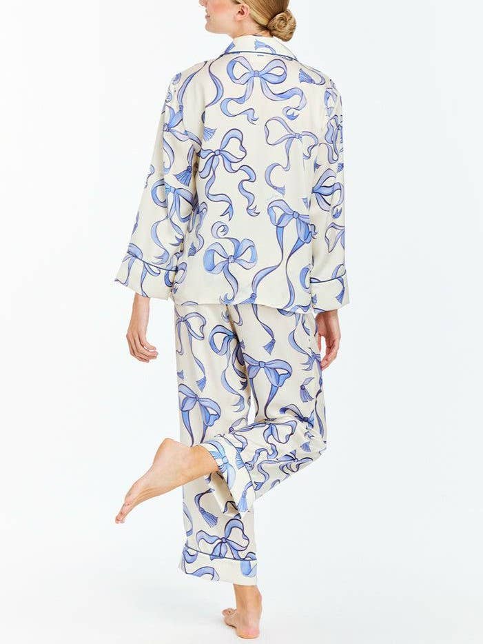 Bow Ribbon Long Sleeve Pajama Set: Blue