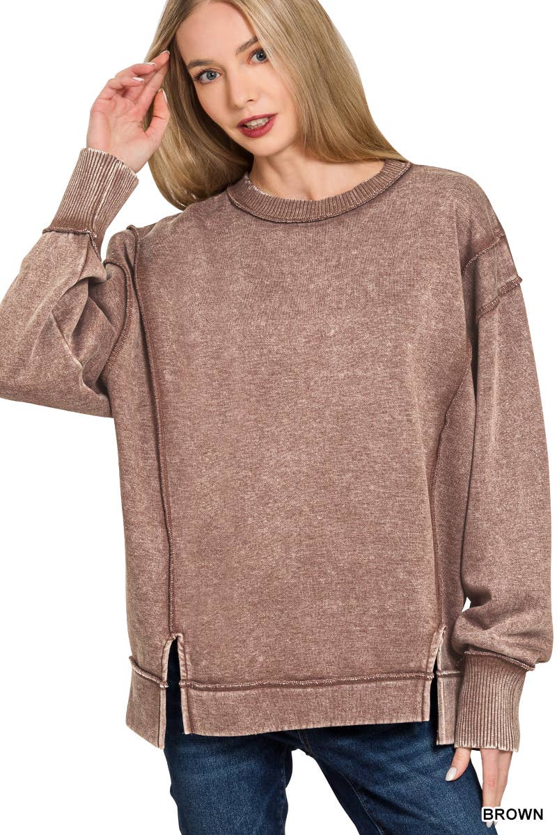 Acid Wash Exposed-seam Fleece Sweatshirt: BROWN