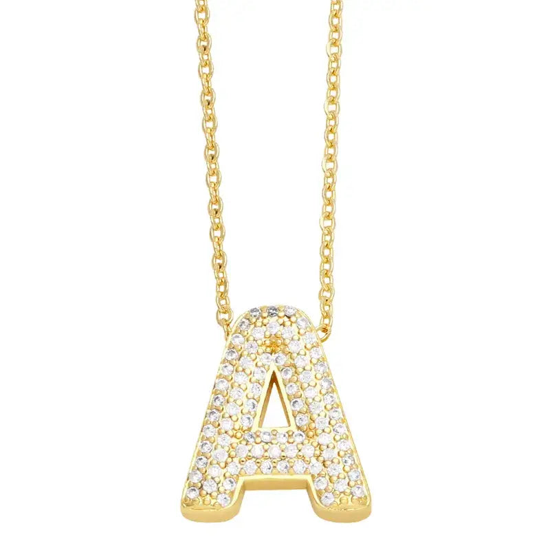 Gold Rhinestone Letter Initial Pendant Necklace: A